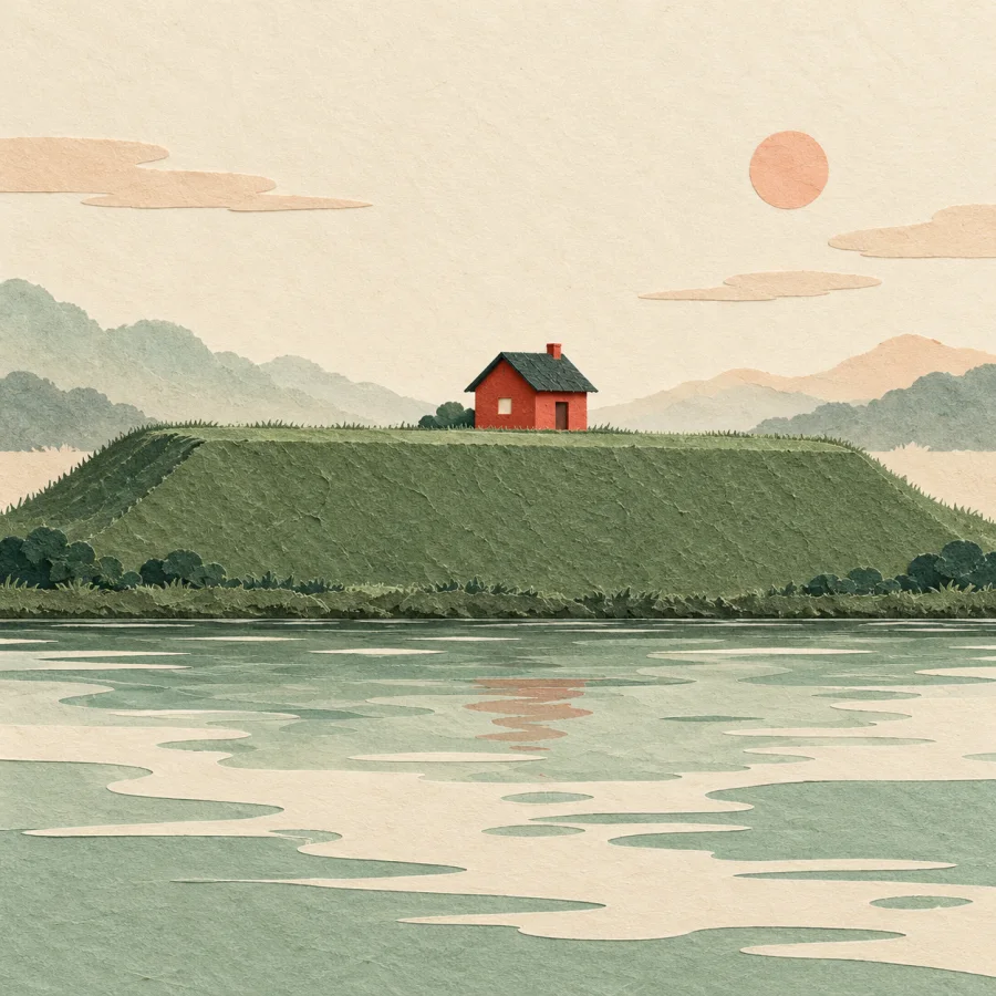 A grassy embankment beside a calm river with a small red house