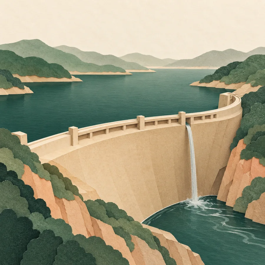A wide dam holds back a calm green reservoir