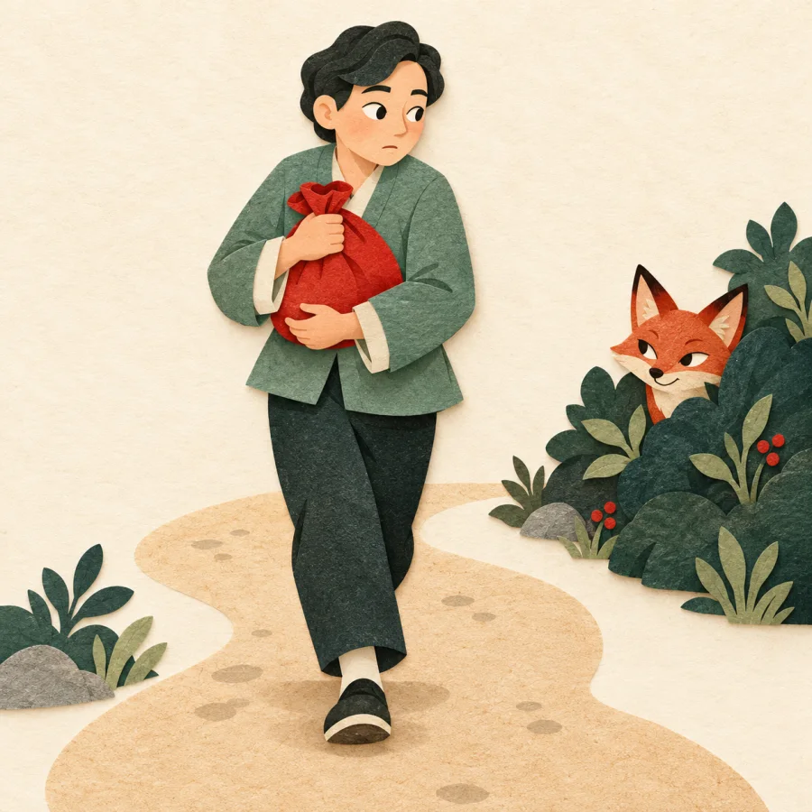 A person walks carefully, eyeing a fox in the bushes
