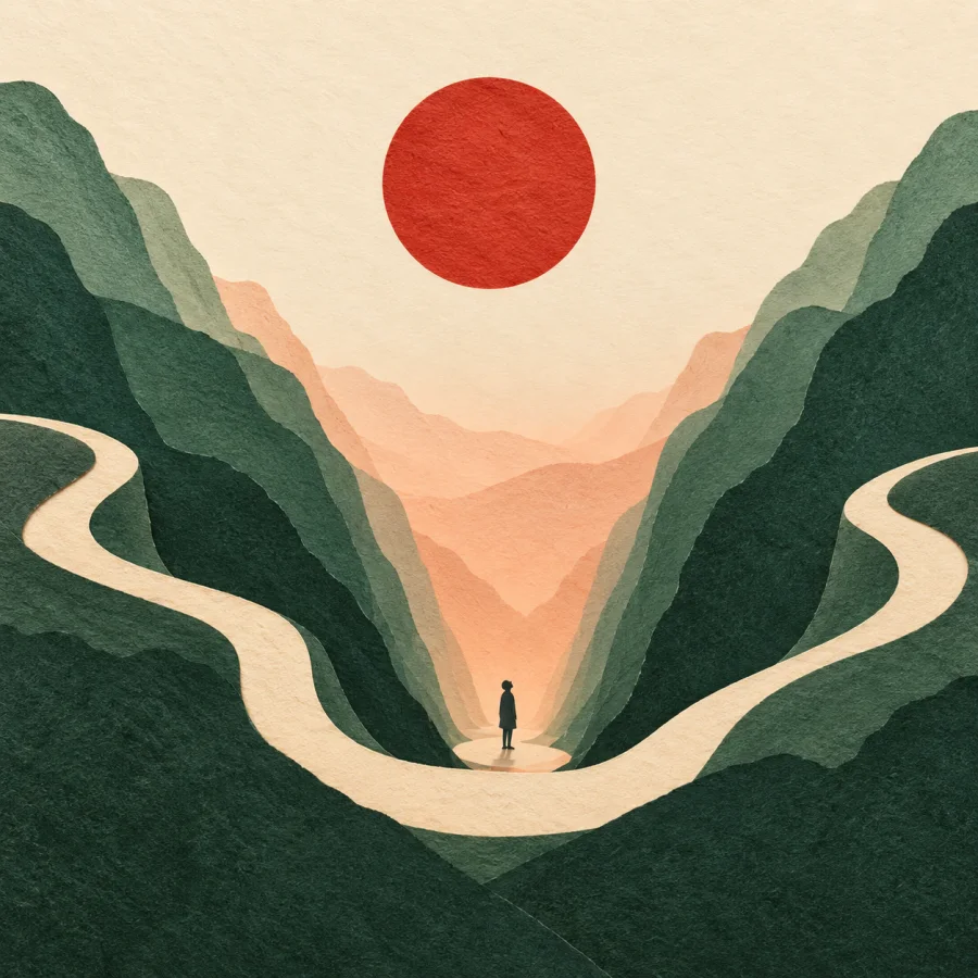 A small person at the bottom of a valley looks up at the sun