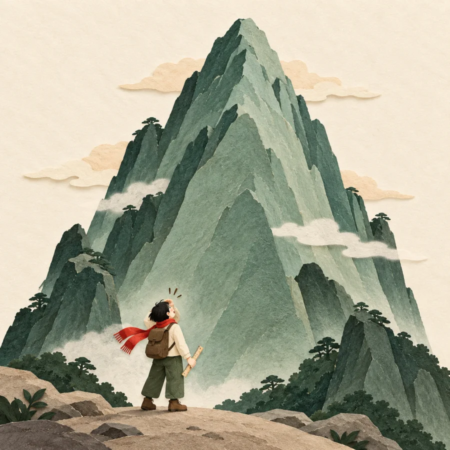 A small person with a short ruler at the foot of a huge mountain