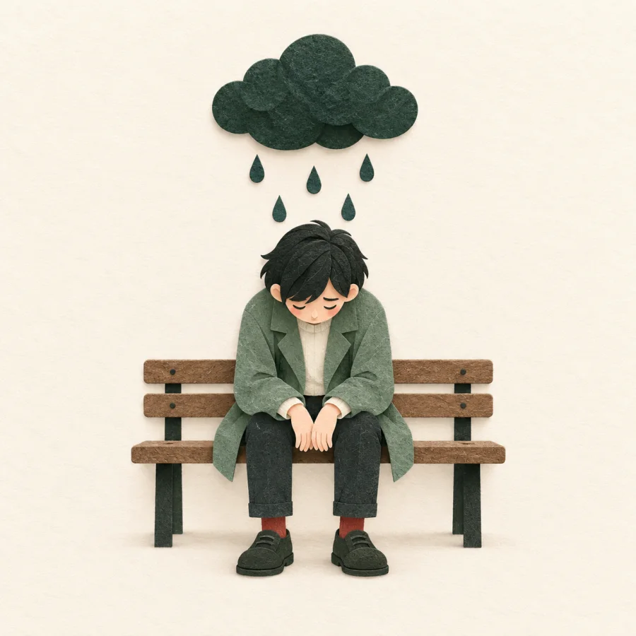 A slumped person on a bench under a small rain cloud