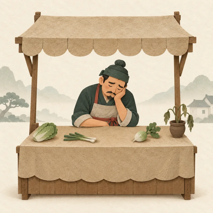 A vendor sits glumly at an almost empty stall