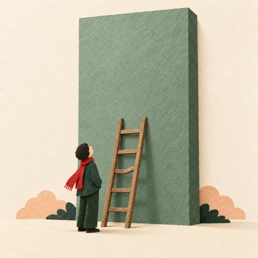 A wobbly short ladder falls far short of a tall wall