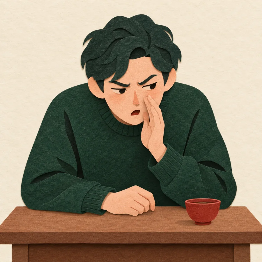 A frowning person mutters quietly to themselves