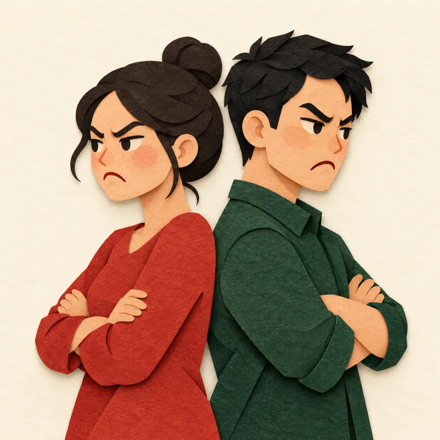 Two people stand back to back with crossed arms