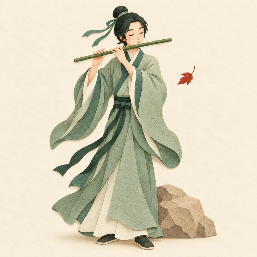 A person in a green robe plays a bamboo flute