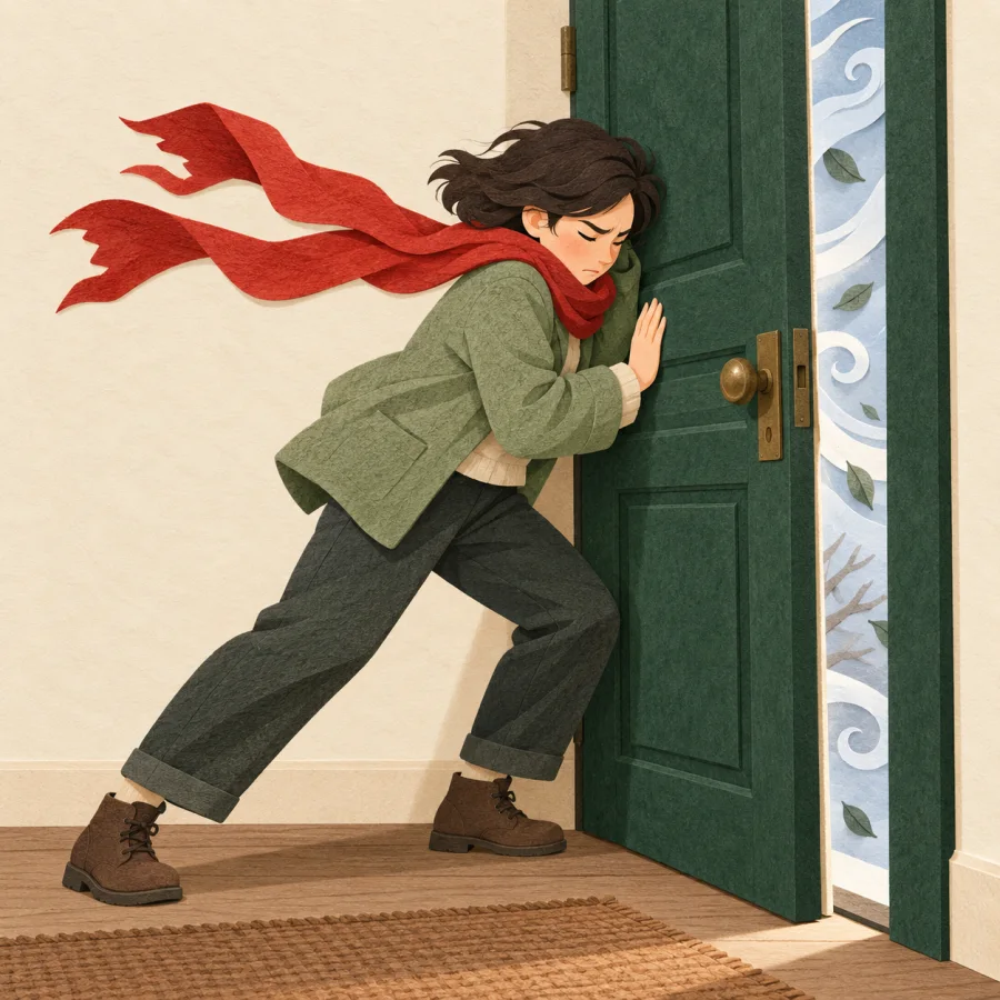 A person braces a shoulder against a door pushed by wind