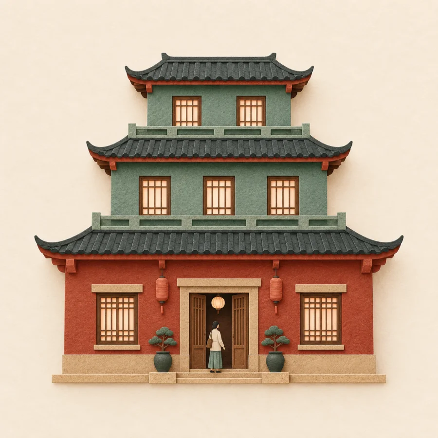 A three-story building with a wide ground floor and a person at the door