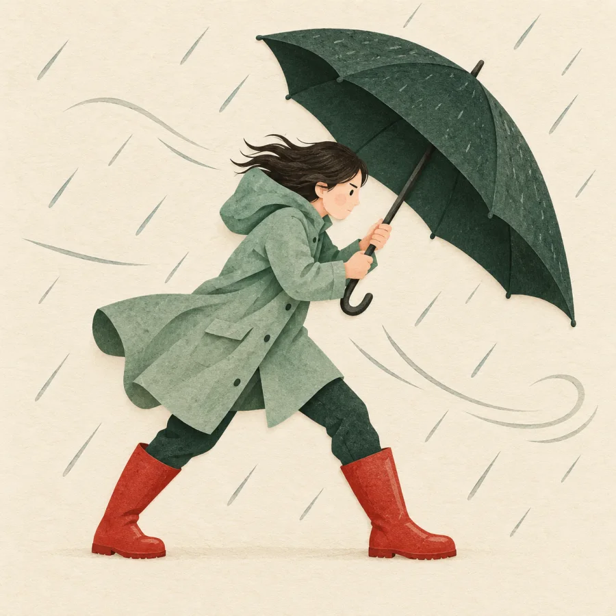 A person holds a big umbrella firmly against strong wind