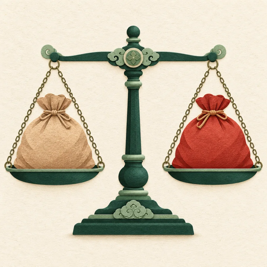 A balance scale level with a sack on each side