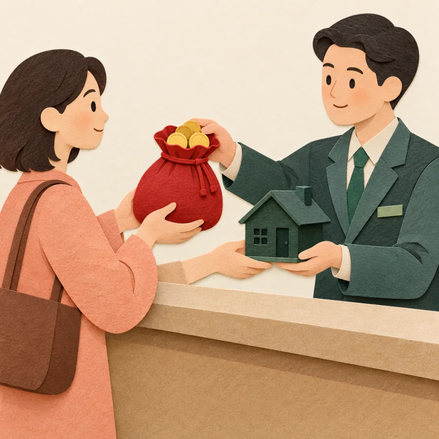 A person hands a small house to a banker for a bag of coins