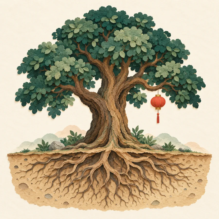 An old tree with thick roots and a small red lantern