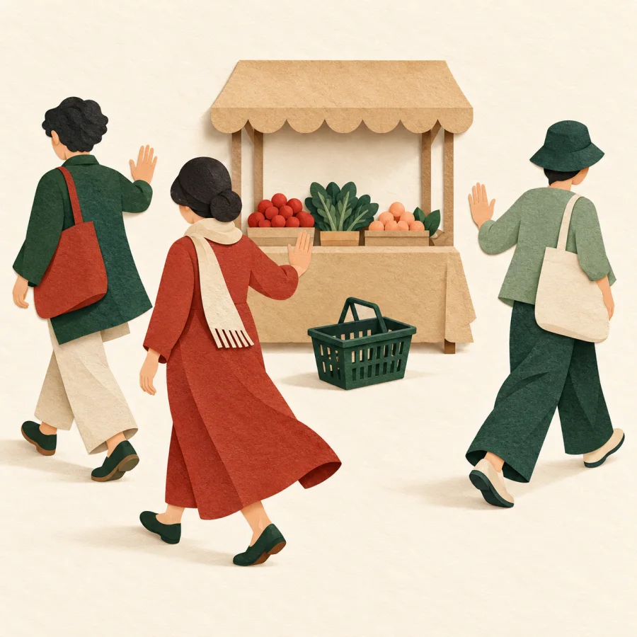 Shoppers turn away from a stall with hands raised in refusal