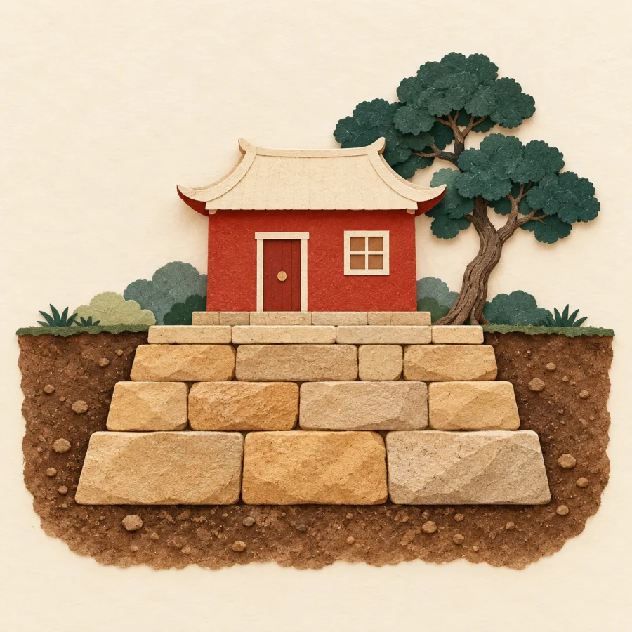 A strong stone foundation under a small red house