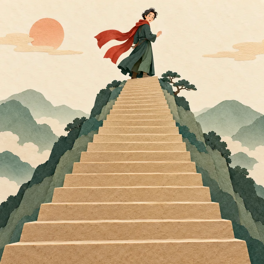 A person at the end of a path looks back at a long staircase
