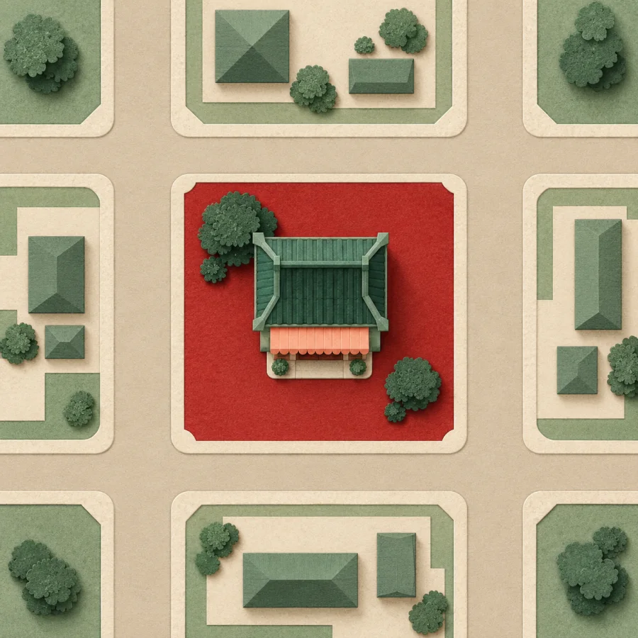 A top-down view of a city block with one red highlighted plot