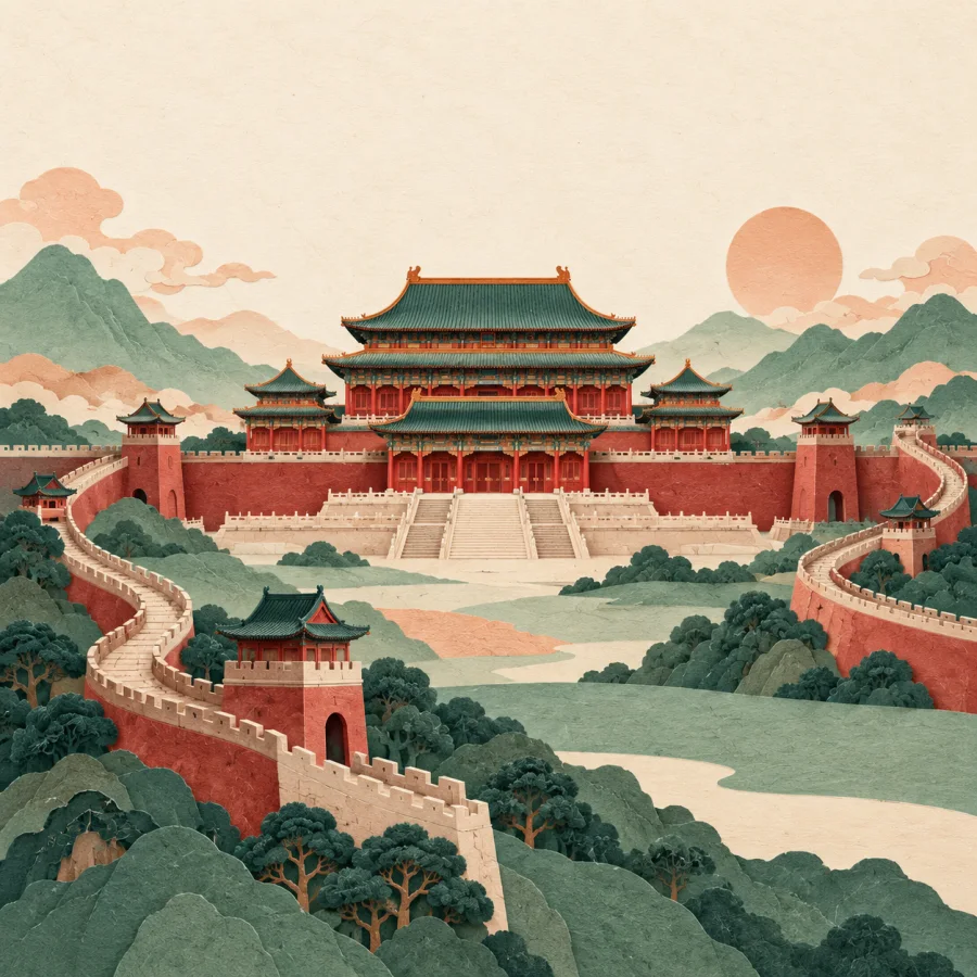 A grand multi-roofed palace in the middle of a wide land