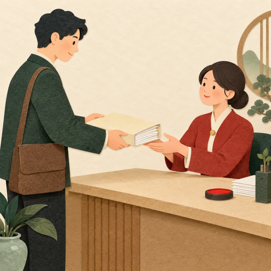 A person hands a thick envelope across a desk to a clerk