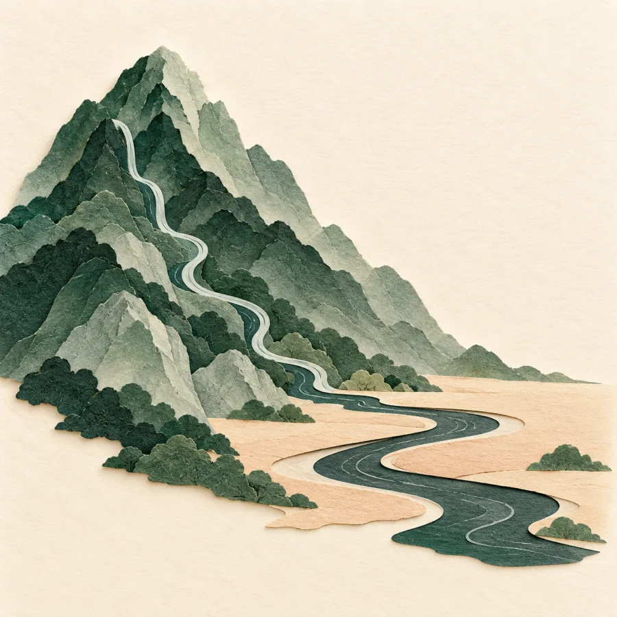 A green mountain slopes down to a sandy plain with a river