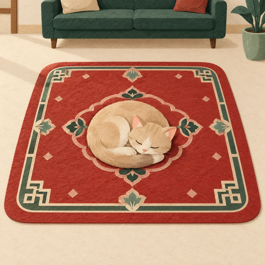 A patterned red carpet with a cat asleep on it