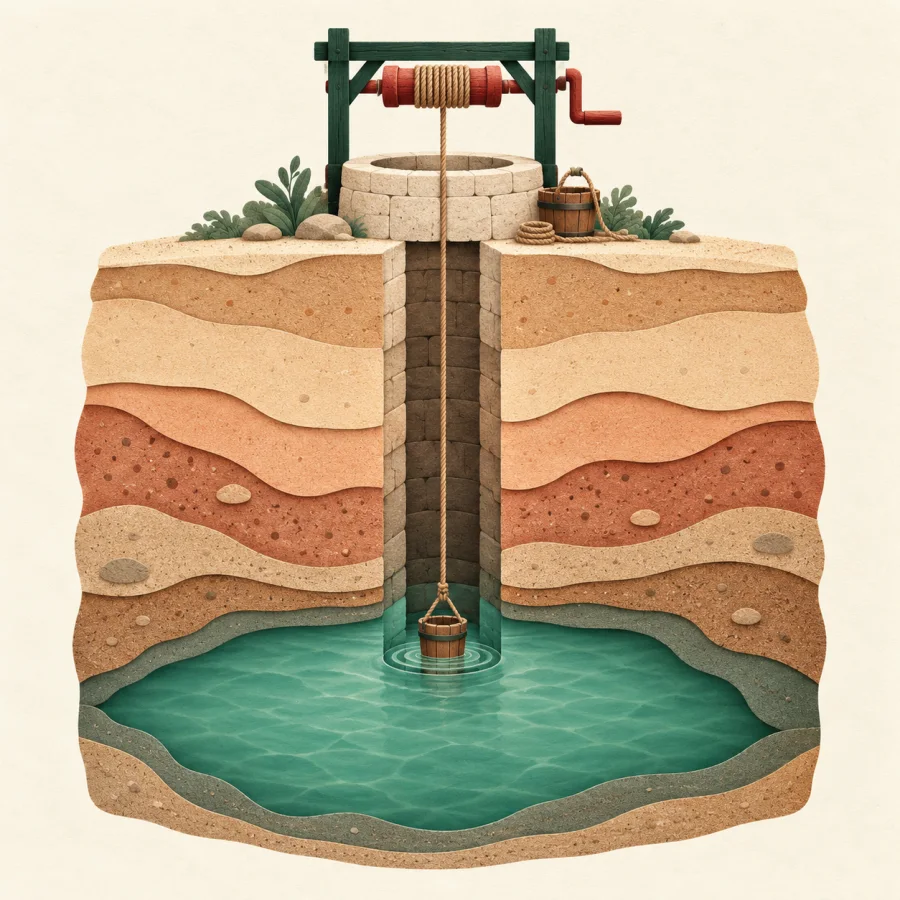 A well with a bucket and an underground pool beneath layers of soil