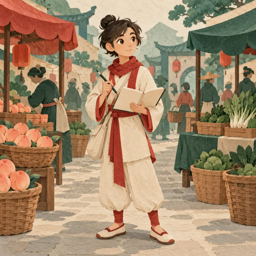A person with a notebook watches a market up close