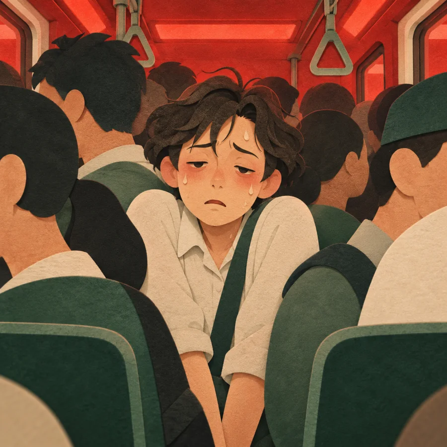 A worn-out person squeezed into a packed train carriage