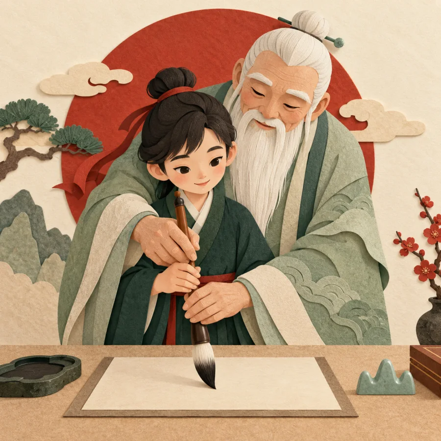 A young person learns calligraphy from an elderly teacher