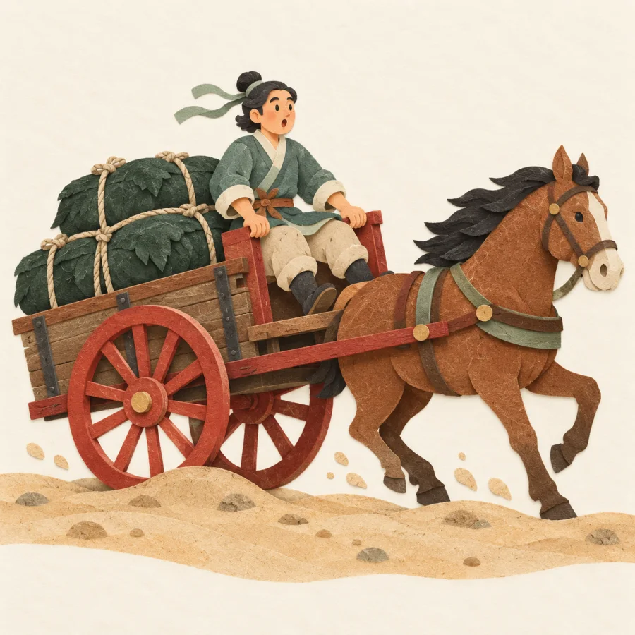 A loaded cart bounces along a bumpy road