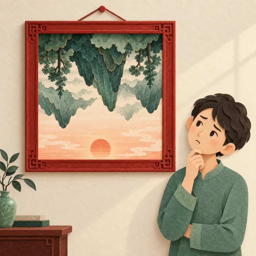 A person tilts their head at an upside-down painting