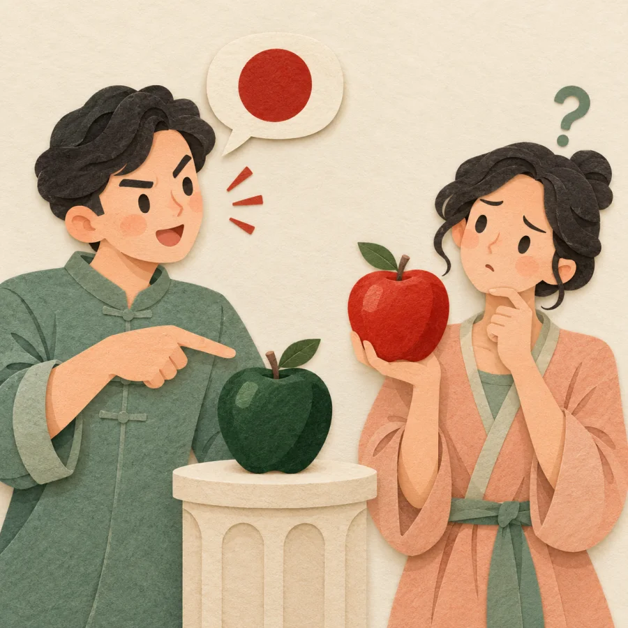 A person insists a green apple is red as another looks puzzled