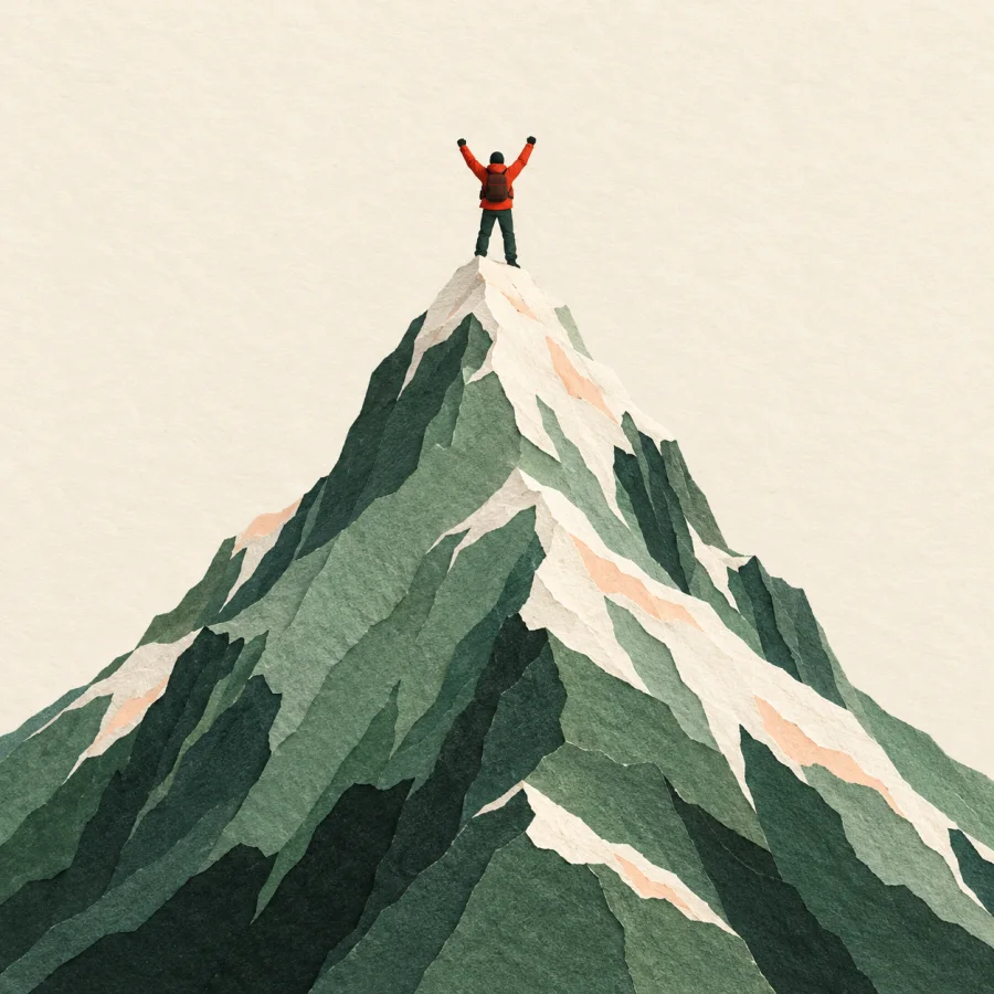 A climber with raised arms on a snowy summit