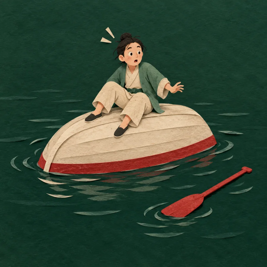 An overturned boat on the water with a person sitting on its bottom
