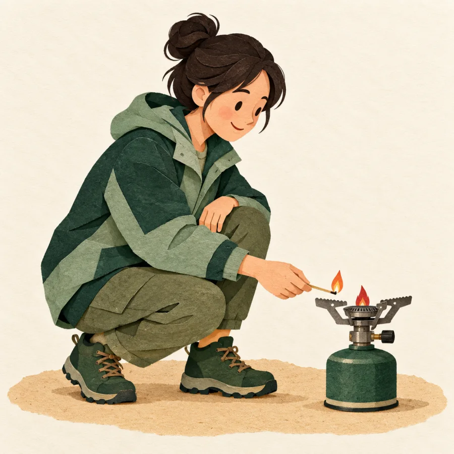A person holds a lit match to a small stove