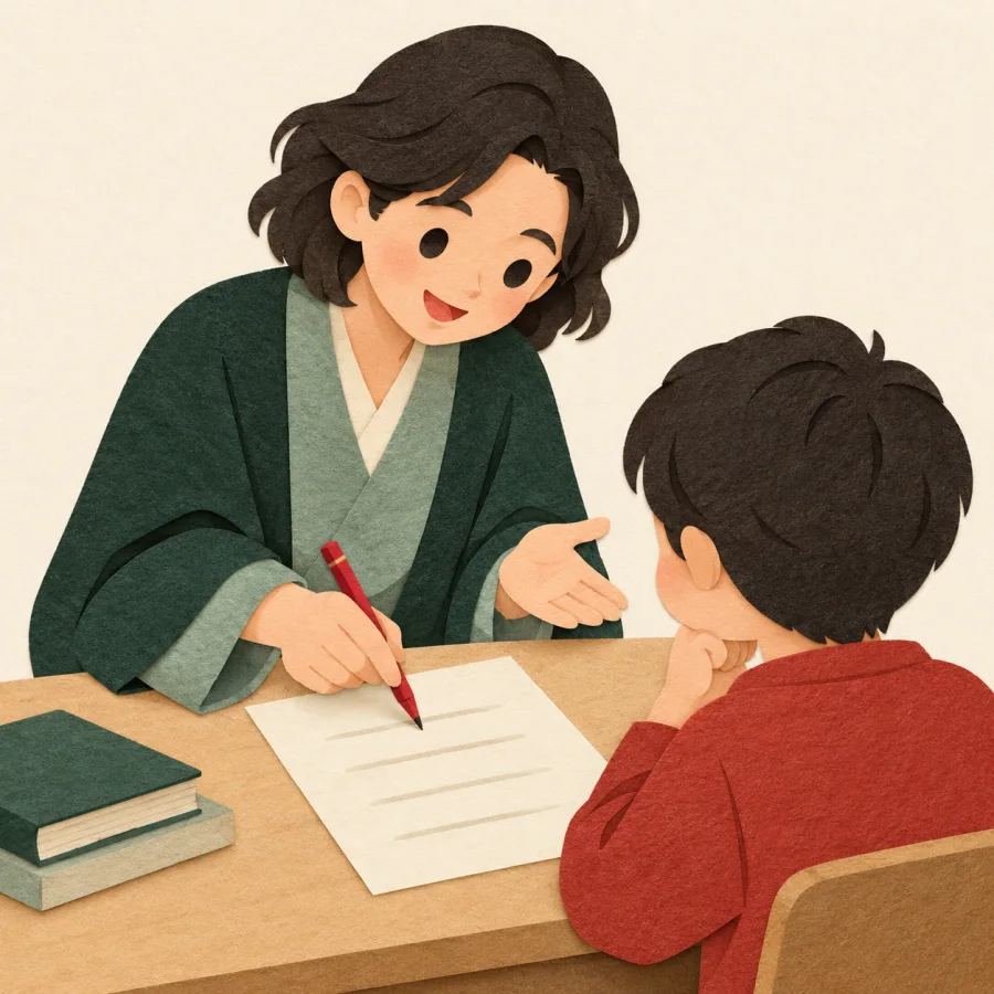 A teacher reviews a student's paper with a red pen