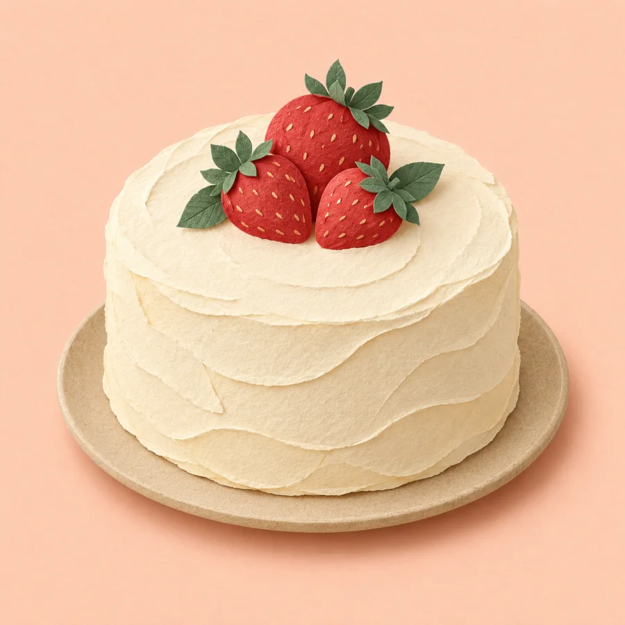A cake decorated with red strawberries and green leaves