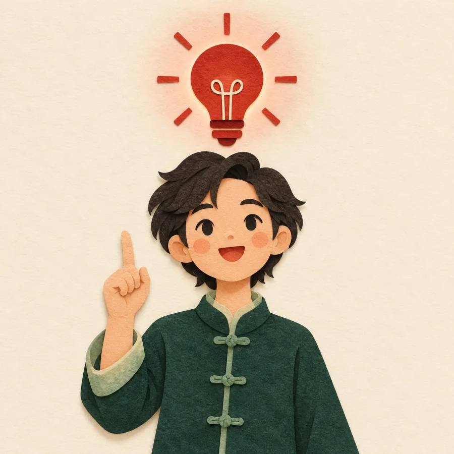 A person with a raised finger and a lightbulb above the head