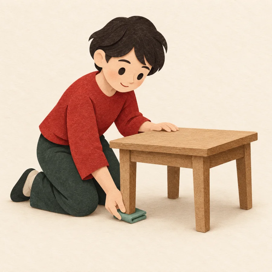 A person slides a cloth under a short table leg