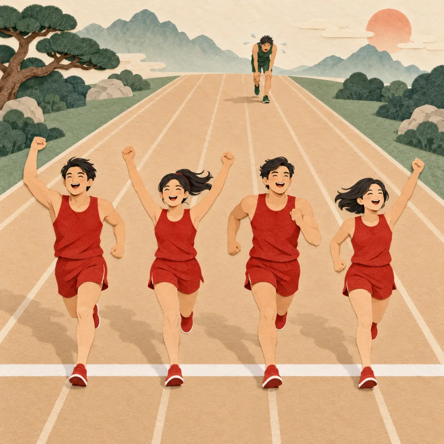 Runners reach the finish while the last one is far behind