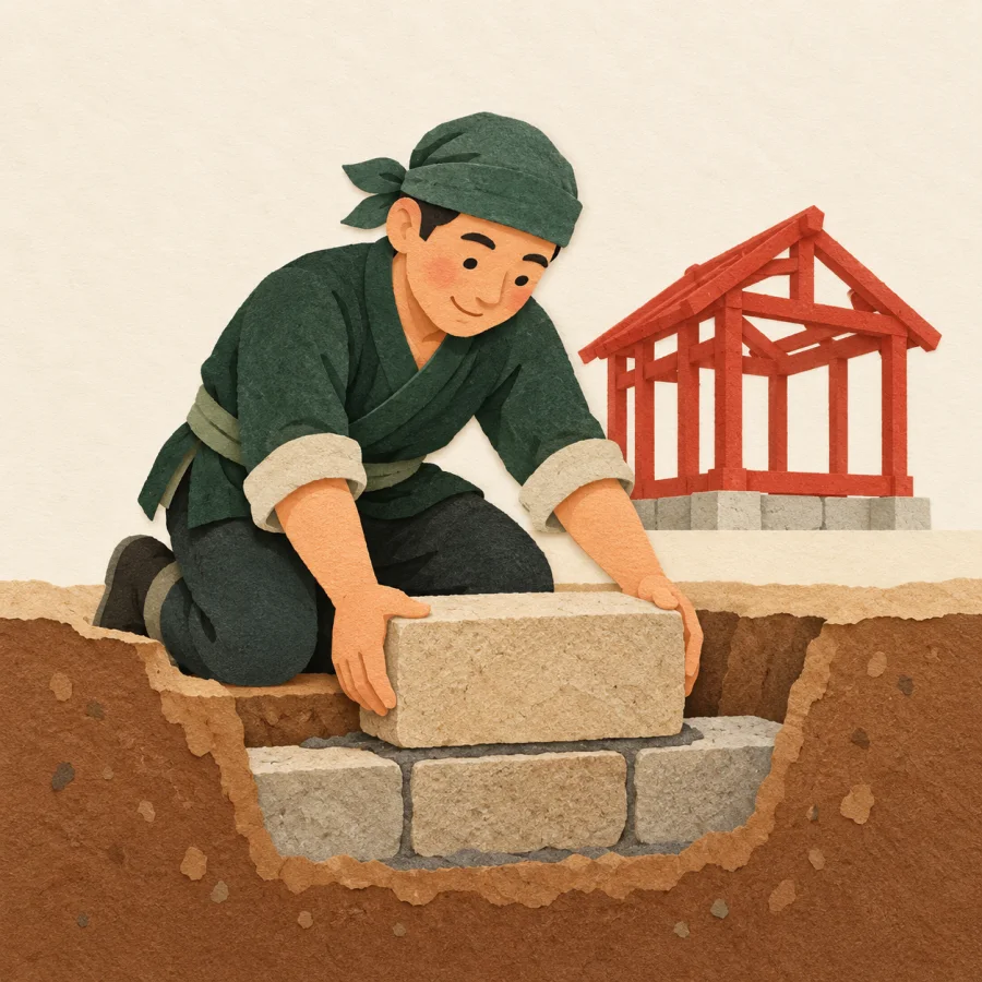 A worker lays a big stone into a house foundation