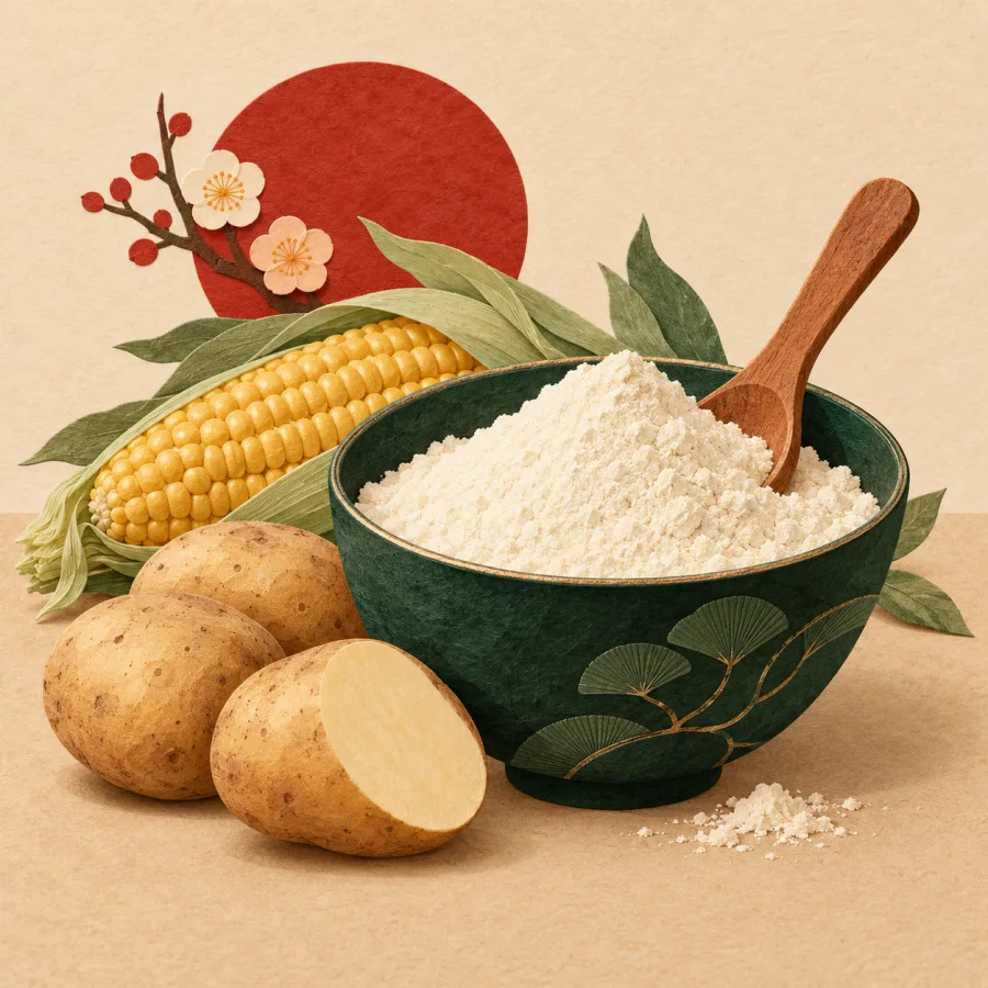 A bowl of white powder beside potatoes and corn