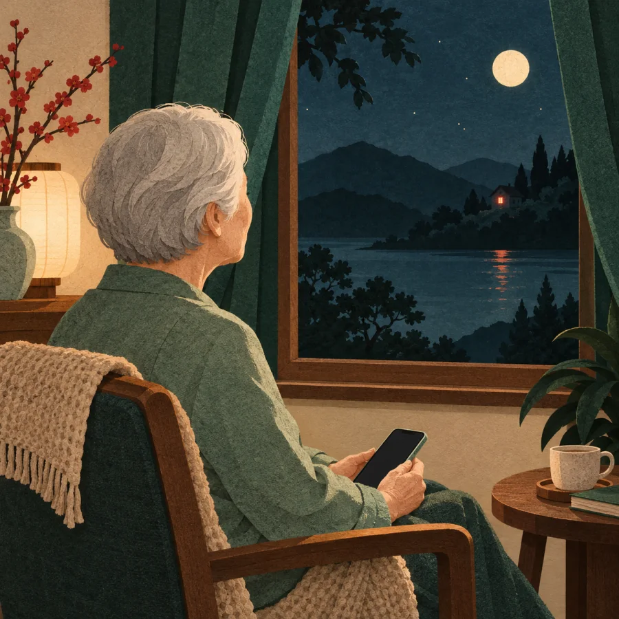 An older person at a window holds a phone and gazes at a distant light