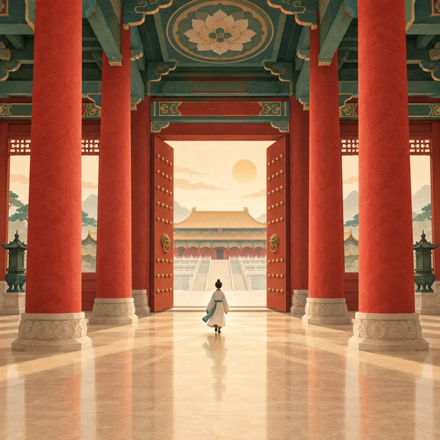 A person walks into a grand hall with red pillars