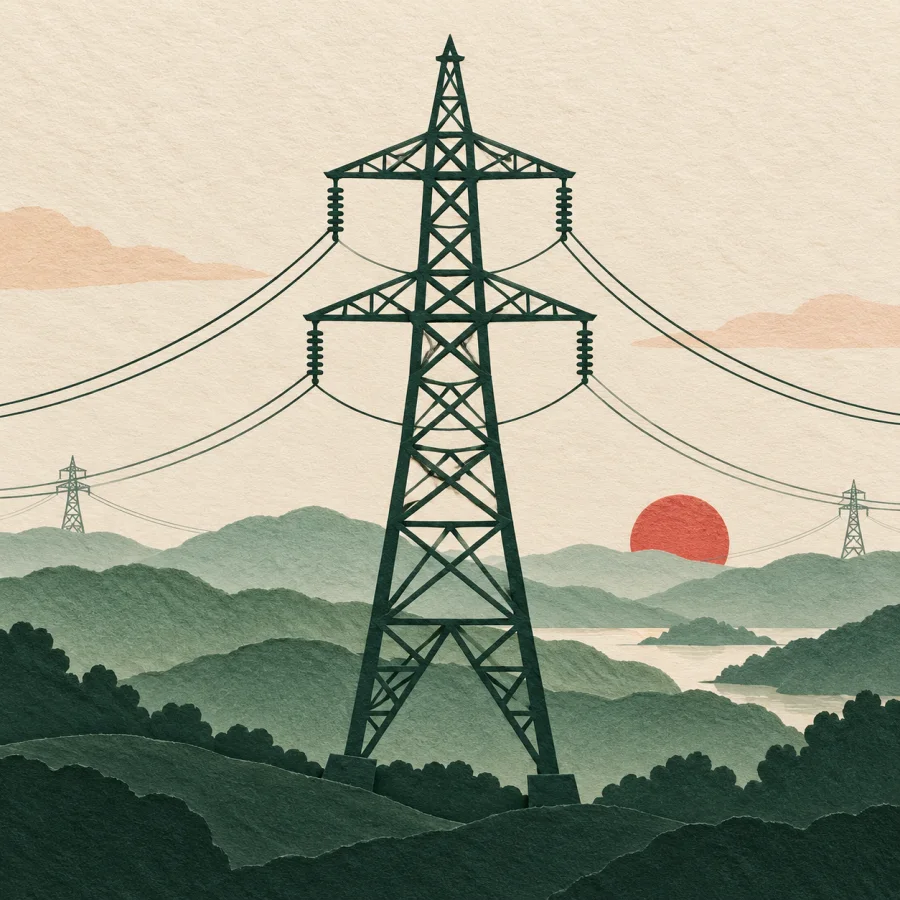 A tall pylon with cables stretching to the horizon