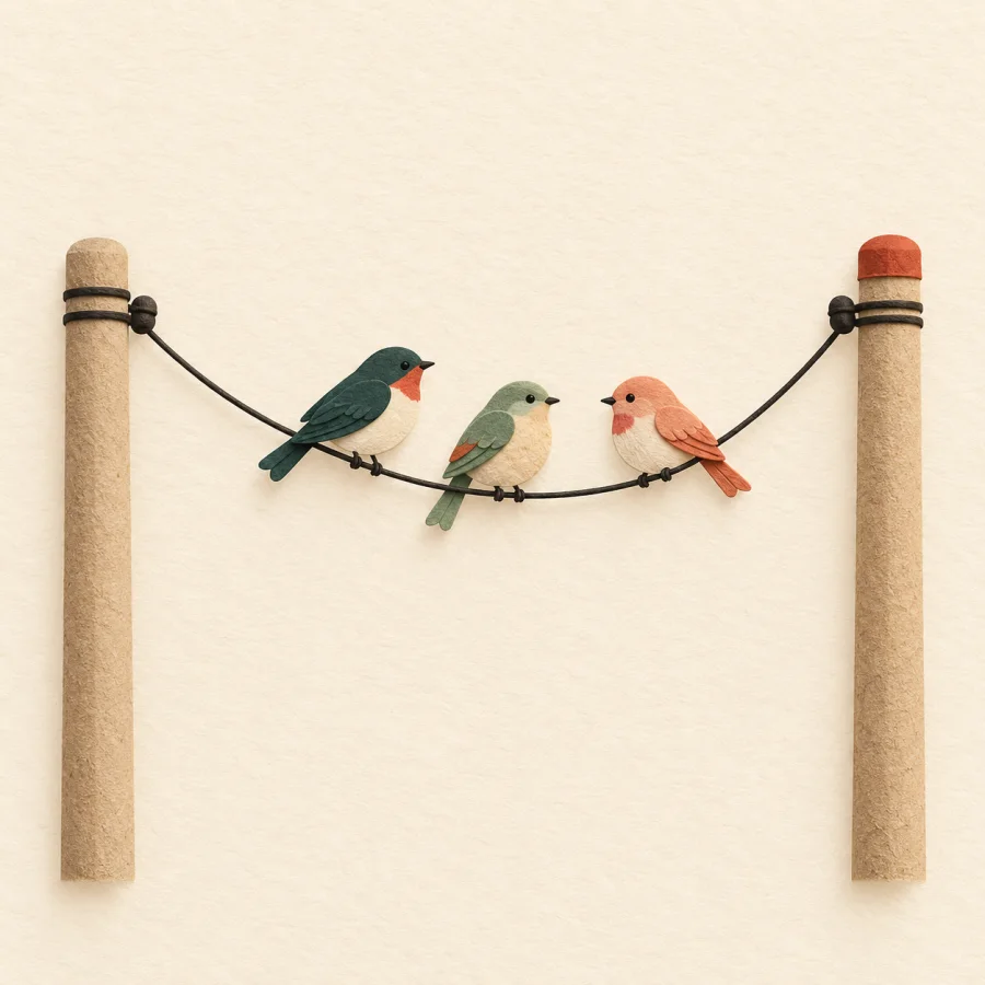 Birds sit on a wire between two poles