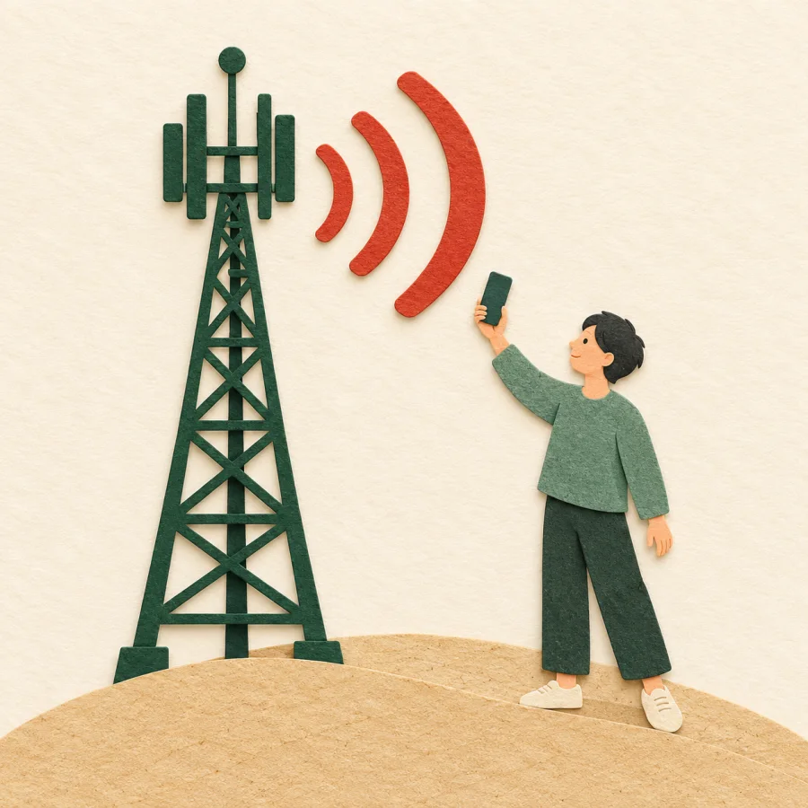 A signal tower with waves and a person holding a phone