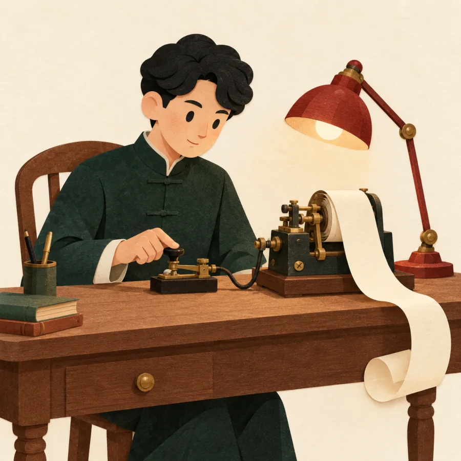 A person taps a telegraph key as a paper strip curls out