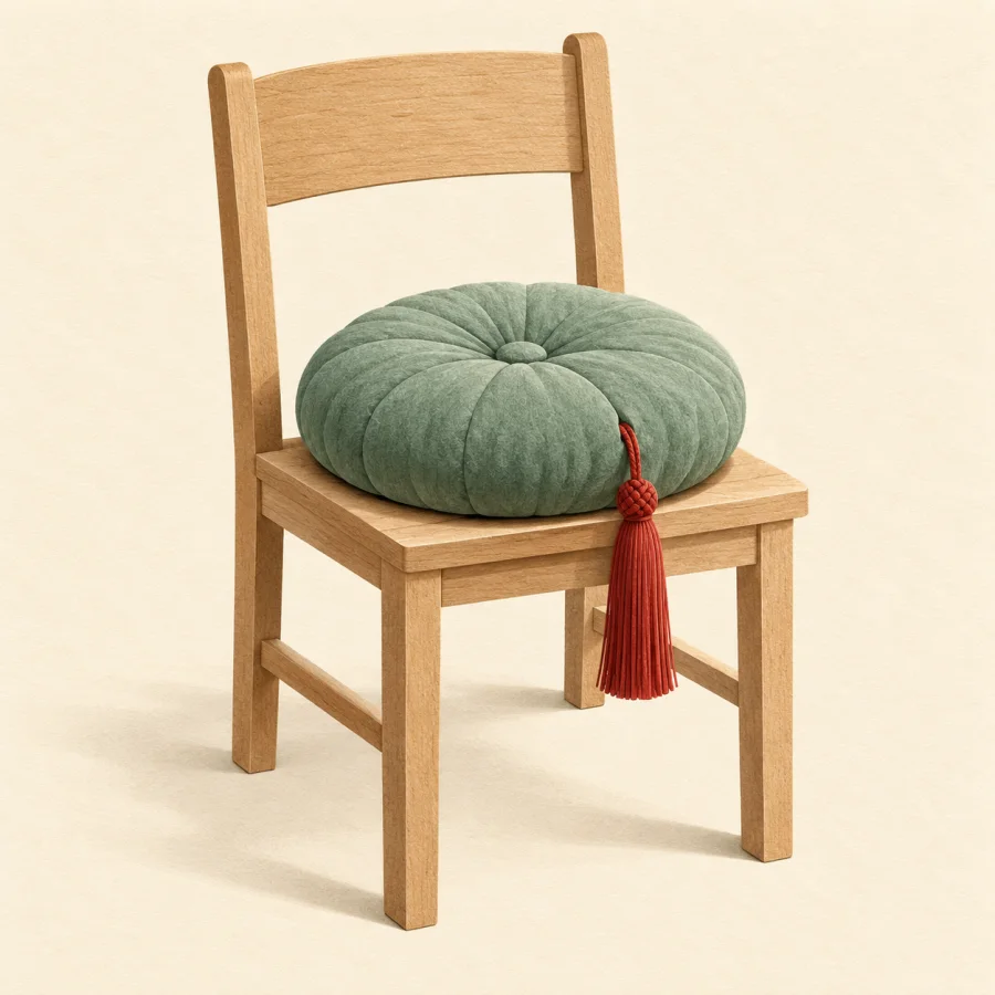 A soft green cushion with a red tassel on a chair