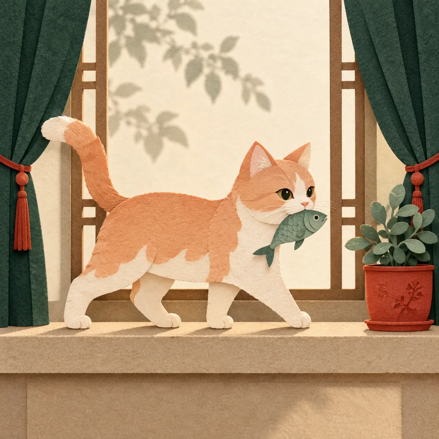 A cat walks along a windowsill with a fish in its mouth